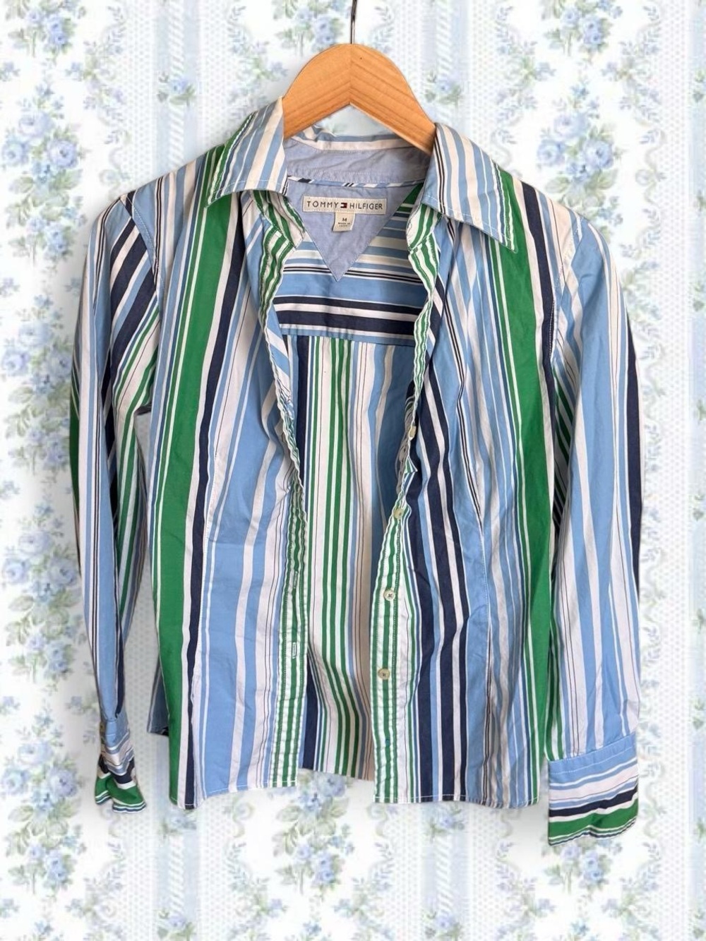 Tommy Hilfiger Blue, Green & White Striped Casual Button-Down Shirt